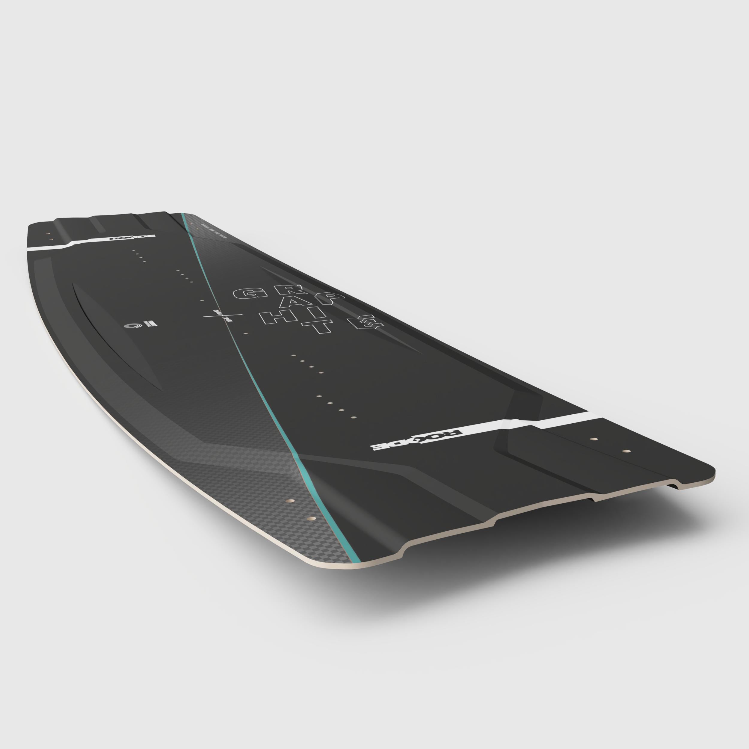 Lightweight teal Graphite board designed by ROODE for big air kiteboarding